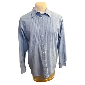 Westbound Chambray Cotton Long Slv Tux Pintuck Blue Button Up Shirt Blouse Sz. X